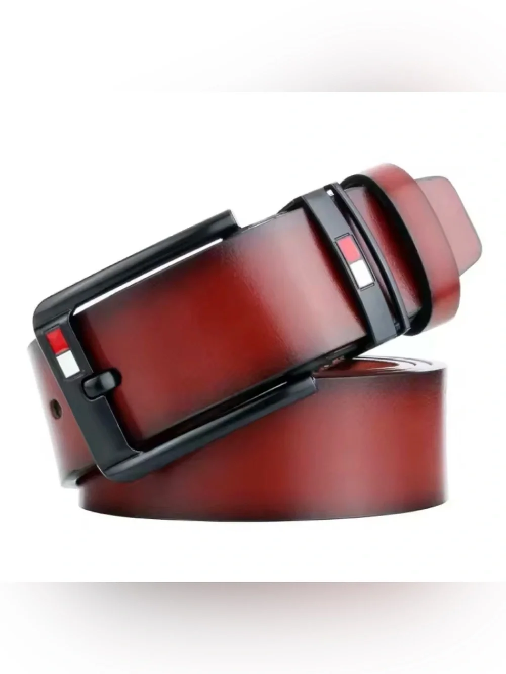 Men's Red Brown PU Leather Dress Belt with Black Buckle